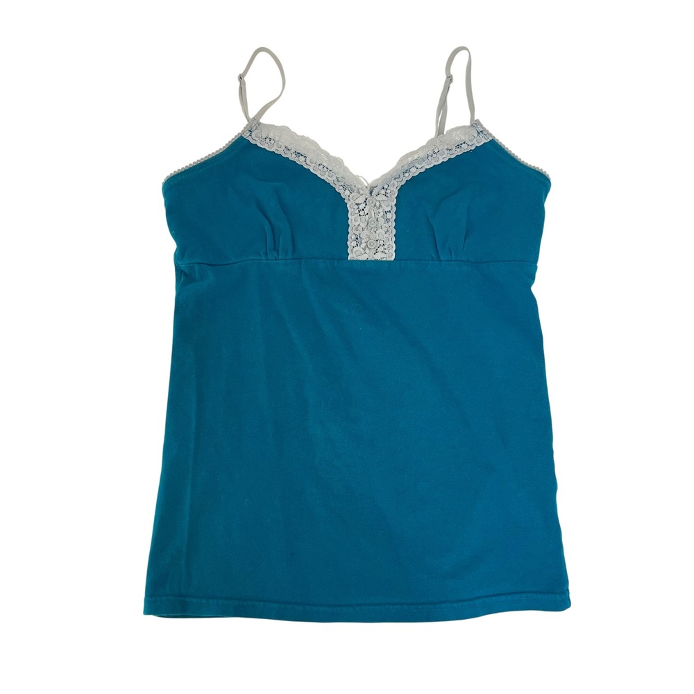 Vintage Y2K Faded Glory Teal Blue Lace Trim Henley Cami Tank Top - Size Medium